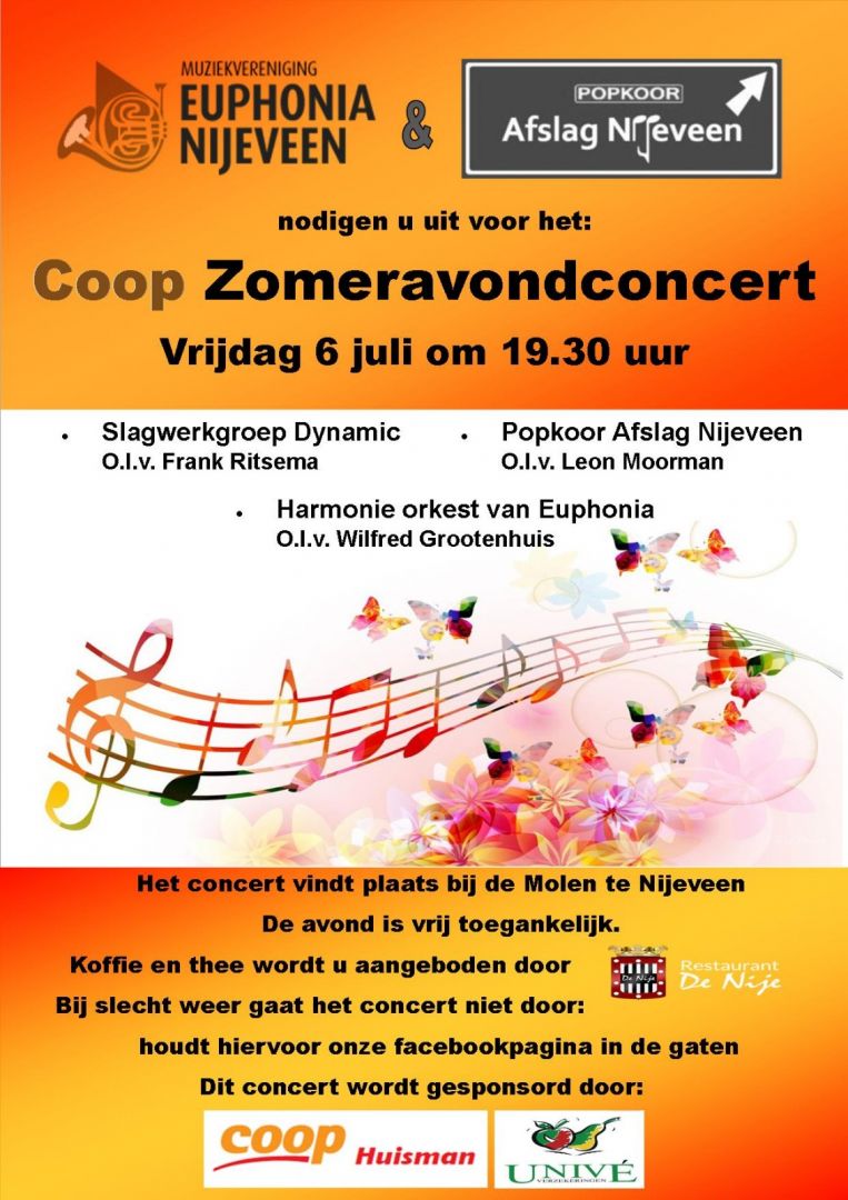 Coop Zomeravondconcert op Vrijdag 6 juli, 19:30. Het concert vindt plaats bij de molen te Nijeveen en is vrij toegangelijk. Bij slecht weer gaat het concert niet door: houdt hiervoor onze facebookpagina in de gaten.